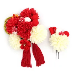 髪飾り 成人式 つまみ細工 振袖 前撮り 袴 2点セット 花 赤 白ちりめん ゴールド 房 組紐 造花 大きい 小さい 和装 大人可愛い No.12-0577