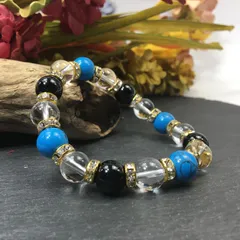 ターコイズ×水晶×オニキス パワーストーン ブレスレット 10mm（ゴールド）メンズ・レディース　男性・女性　数珠ブレス　開運 [17] 