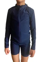 [MORE AUNI] スクール 水着 キッズ ラッシュガード UVカット ジッパー フード無し UPF50+ ハイネック ボーイズ ガールズ 子供 水泳 学校 フィットネス おおきい サイズ スイムシャツ ラッシュパー [ネイビー / 8270] [140]