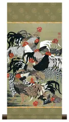 10年保証 掛け軸 ミニ掛け軸  和風 名画複製画 群鶏図 伊藤若冲 モダン 掛軸 床の間 和室 おしゃれ 壁掛け 絵
