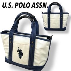 U.S. POLO ASSN. ユーエスポロアッスン トートバッグ キャンパス 刺繍ロゴ ハンドバッグ ポニー アイボリー×ネイビー系 (D09)★