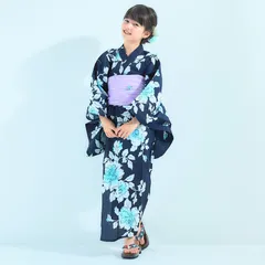 【2点セット】キッズ 子供 浴衣 ゆかた しわへこ 帯とセット ネイビー 110〜130cm OY6