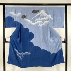 洗える着物 胴抜き袖単衣 絵羽柄【鮮やか青に金彩波頭】高級ポリ 舞台 