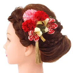 髪飾り 成人式 つまみ細工 赤 振袖 前撮り 袴 花 3点セット まり菊 ピンク ゴールド ちりめん 房 房付き 組紐 和柄 かんざし No.9-5077