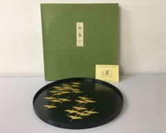 時代逸品！時代黒漆にモダン光琳鶴蒔絵の映える長方盆（検輪島塗お盆お膳茶道具 時代逸品！時代黒漆にモダン光琳鶴蒔絵の映える長方盆（検輪島塗お盆お