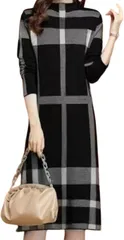 Elixio エリクシオ あったか ワンピース ニットワンピース チェック 柄 レディース 長袖 タイトスカート ミモレ丈 厚手 きれいめ 体型カバー 冬 大きいサイズ デート クリスマス(ブラック,  M)