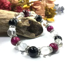 ピンクタイガーアイ×水晶×オニキス パワーストーン ブレスレット (シルバー)10mm メンズ・レディース　浄化済み △