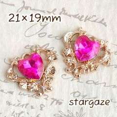 【 3個 】 21×19mm ハート唐草文様 センターパーツ ストーン ビジュー ピンク×ゴールドフレーム