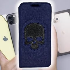 スティングレイ＆牛革 スカルデザイン iPhone 14 Pro MAXスマホカバーケース◇スティングレイが輝く手帳型iPhoneカバー
