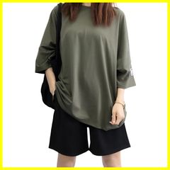 【最短発送】トップス チュニック 長め丈 カットソー ボリューム袖 クルーネック シンプル テールカット ゆったり ロンT 体型カバー オーバーサイズ 大人 五分袖 カジュアル ビッグTシャツ プルーオーバー [UMIYI]