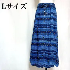 TAKIHYOエスニック柄ロングスカート L ボヘミアン マキシ丈 ボーダー 青
