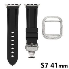 アップルウォッチ【Series７/８/９】41ｍｍ コンプリートセット ラバーベルト＆カスタムベゼル＆バックル ホワイトゴールド CZダイヤ（キュービックジルコニア） ブラック／ホワイトバンド 時計 プレゼントメンズ レディース ギフト お祝い 誕生日