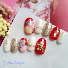 ネイルチップ 和柄  振袖  成人式　前撮り　袴 赤  白 フラワー 手描き 166