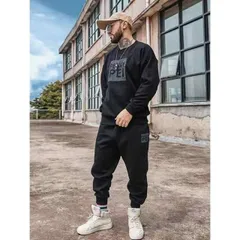 秋冬 コーデ メンズ  服 シンプル ファッション オシャレ 大人 かっこいい 大きいサイズ ストリート 紳士服  プリント スウェットシャツ スーツ カジュアル ブラック ツーピース 