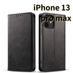 【SHOPSA】 iPhone13pro max レザー風 スマホケース 手帳型 耐衝撃 マグネット式 カードケース 黒 E016