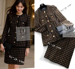 シャネル ジャケット 限定品 スーツ CHANEL 入手困難 ヴィンテージ ブラウン ベージュ CC ロゴ 香水ボトル ボタン ウール 極上ツイード スカート 千鳥柄 貴重 36 カールラガーフェルド作