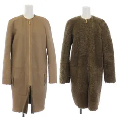 セリーヌ CELINE フィービー期 コート リバーシブル ノーカラー ロング ラムレザー 羊革 ボア ラグランスリーブ 長袖 38 S ベージュ 茶 ブラウン 2 8F88/3600 /KW ■GY19