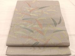A 夏物 リーフ模様 薄緑 絽 紗 薄物 正絹 六通 名古屋帯 松葉仕立て O3