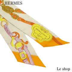 HERMES エルメス Twilly Brides de Gala Applique Pique ツイリー シルク100% オレンジ クリーム マルチカラー 箱付き 中古
