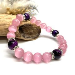 キャッツアイ(ピンク)×パープルタイガーアイ パワーストーン ブレスレット  (シルバー) メンズ・レディース　男性・女性　数珠ブレス 開運 [23]