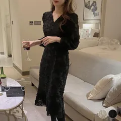 ワンピース レディース ドレス ジャガード マーメイド ミモレ丈 膝丈 セミロング エレガント 長袖 Vネック フリル フェミニン ウエストマーク パーティードレス 秋 冬 春 ブラック ベージュ 韓国