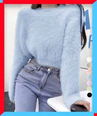 新品 シャギーニットトップス レディース ショート丈 ふわふわ 暖かい モヘア 長袖 【送料無料】