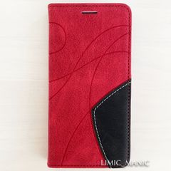 iPhone 14 / 13 ケース スマホ 手帳型 カードケース ツートンカラー 裏止め 曲線模様 幾何学 レッド 赤 赤色 アイフォン