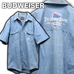 90's Budweiser シャンブレーシャツ 半袖 刺繍入り Lサイズ バドワイザー ワークシャツ デニム インディゴ レトロ ビンテージ 企業モノ