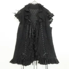 ピンクハウス★モチーフとリボンいっぱいカーディガン 黒系 はしごレース&フリルもたっぷり♪透かし編み z12895