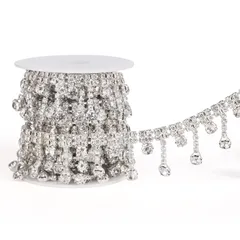 【特価セール】装飾 ドレスアップ パーティー DIY ウェディング ジュエリー作り ネックレス 豪奢 アクセサリーパーツ キラキラ フリンジ ダイヤモンド 手作り トリム タッセル ガラスラインストーンチェーン 幅5~22mm 手芸材料 約1.8m/巻 クリス