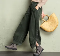 【グリーン】コーデュロイ パンツ レディース ワイド バルーンパンツ ゆったり 体型カバー 秋 冬 ナチュラル カジュアル おしゃれ ボタン付き ゆる かわいい  ナチュラルファッション