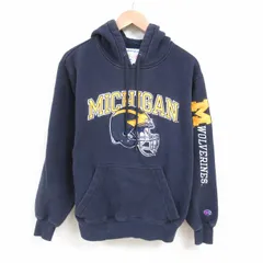 L/古着 チャンピオン champion 長袖 スウェット パーカー メンズ 00s ミシガンウルヴァリンズ 紺 ネイビー 25may24 中古 スエット トレーナ