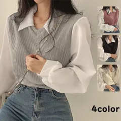 ニットトップス レディース ニット ブラウス 長袖シャツ 重ね着風 切り替え Vネック トップス 無地 女性 カジュアル おしゃれ かわいい ファッション 通勤 RG9u497