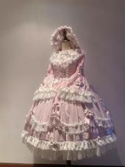 メタモルフォーゼ 無地ラッセルレース姫袖ワンピースピンクプラス