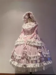 ピンクゴスロリドレス 長袖 ロリータドレス　JSK+ボンネット＋リンボ3点セット