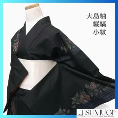 小紋　大島紬　縦縞　牡丹　黒地　追っかけ　着物　092a d