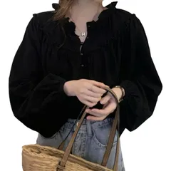 [ウェアビー] ボリュームスリーブ フリルブラウス くるみボタン レトロ ギャザー かわいい オシャレ ふんわり 二の腕カバー レディース スタンドカラー バンドカラー 長袖 ロングスリーブ 清楚 春夏 秋冬 パフスリーブ ハイネック イ [ブラック] [M]