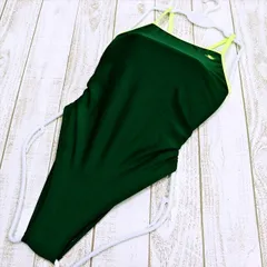 ●SE3E10☆競泳水着 ぴたぴた グリーン蛍光パイピング Mサイズ フライバック レディース 練習用水着 フィットネスジムプール ワンピース■