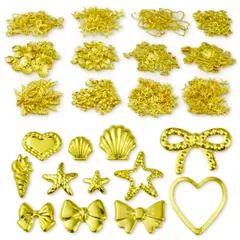 【人気商品】デコ素材 ミニチャーム ネイル用 ゴールド 木 太陽 12種300個 ハート 星月 シェル マリンモチーフ 海 (ハート・リボン・スターフィッシュ) 夏 メタル 封入パーツ レジン