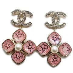 【天白】シャネル ココマーク フラワー ピアス ラインストーン フェイクパール  ゴールド I24S アクセサリー ピンク