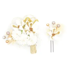 髪飾り 成人式 つまみ細工 ゴールド 振袖 前撮り 袴 花 白 房 組紐 レース パール ビーズ カスミソウ ブリザーブドフラワー 和 No.9-5324