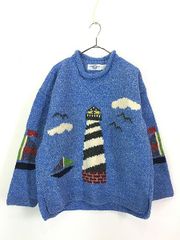 古着 90s エクアドル製 灯台 ヨット ヘビー コットン ウール ハンド ニット セーター L位 古着 