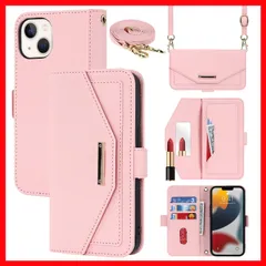 【数量限定】アイフォン13 スマホケース 手帳型 ストラップ付き 化粧鏡付き ショルダー付き 斜め掛け可能 財布 カード収納 クロスボディケース 肩がけ 耐衝撃 高品質のPUレザー素材 Hamany-ピンク