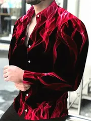 炎柄　長袖シャツ　黒赤　064　Yシャツ　ドレスシャツ　ヤクザ　ヤンキー　悪羅悪羅　オラオラ系　ホスト　スーツ　スタイル　服　派手　メンズ　ファッション