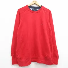 XL/古着 トミーヒルフィガー 長袖 ブランド セーター メンズ ワンポイントロゴ コットン クルーネック 赤 レッド 25feb06 中古 ニット トッ