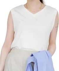 emptio エンプティオ シャツ vネック 襟なし エレガント フォーマル とろみ レディース オーバーサイズ 体型カバー 通勤 部屋着 インナー トップス 肌着 カットソー 涼しい 透ける 袖なし 丈長め ランニング(#05ホワイト,  M)