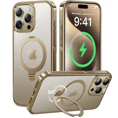【透明な輝き&定点360度回転】CASEKOO iPhone 15 Pro Max 用 ケースクリア超強磁力 米軍MIL規格 耐衝撃 高耐久性【横縦両立・角度調整】黄変防止 透明 ストラップホール付き 金属感 真空メッキ ワイヤレス充電対応 アイフォン15 1