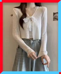 新品 サマーニットカーディガン レースボウタイ 韓国風カーディガン シアーカーディガン エアコン対策カーデ