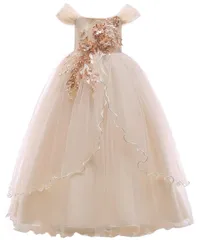 120_ベージュ [AOIF LLMY] 子供ドレス ロングドレス 女の子 ジュニア ピアノ 発表会 パーディー 演奏会 フォーマル 入園式 結婚式 ワンピース【120/130/140/150/160/170】 20341