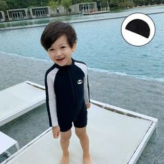 水着 キッズ 男の子 子供 ワンピース水着 長袖 ジュニア 子供水着 オールインワン ショート丈 パンツ スイムキャップ 水泳帽付き 子供用 ベビー 水遊び プール みずぎ 速乾 yongy11